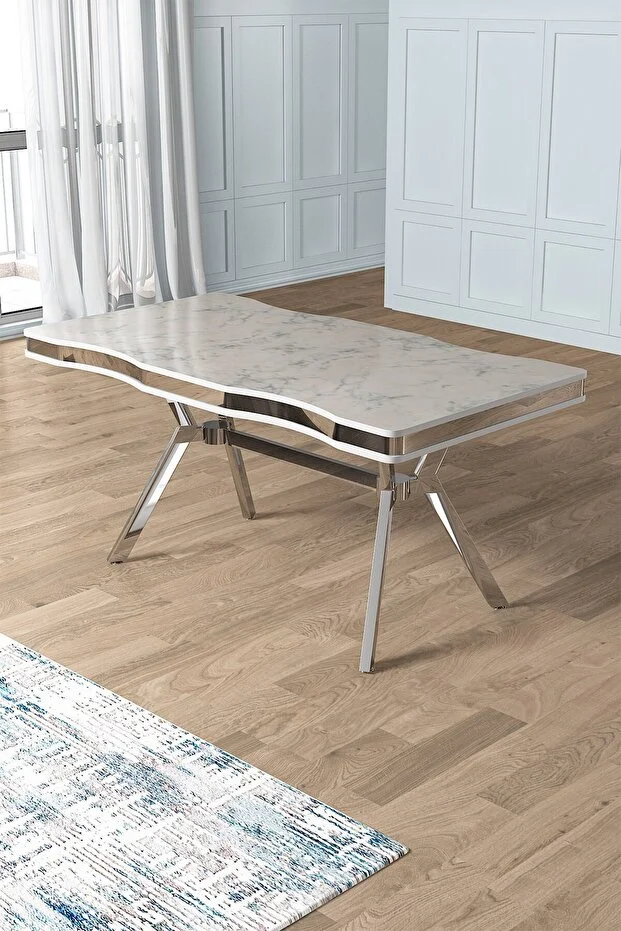 Beyaz Mermer Desen 90x160 Lak Panel Yemek Masası Krom Ayak